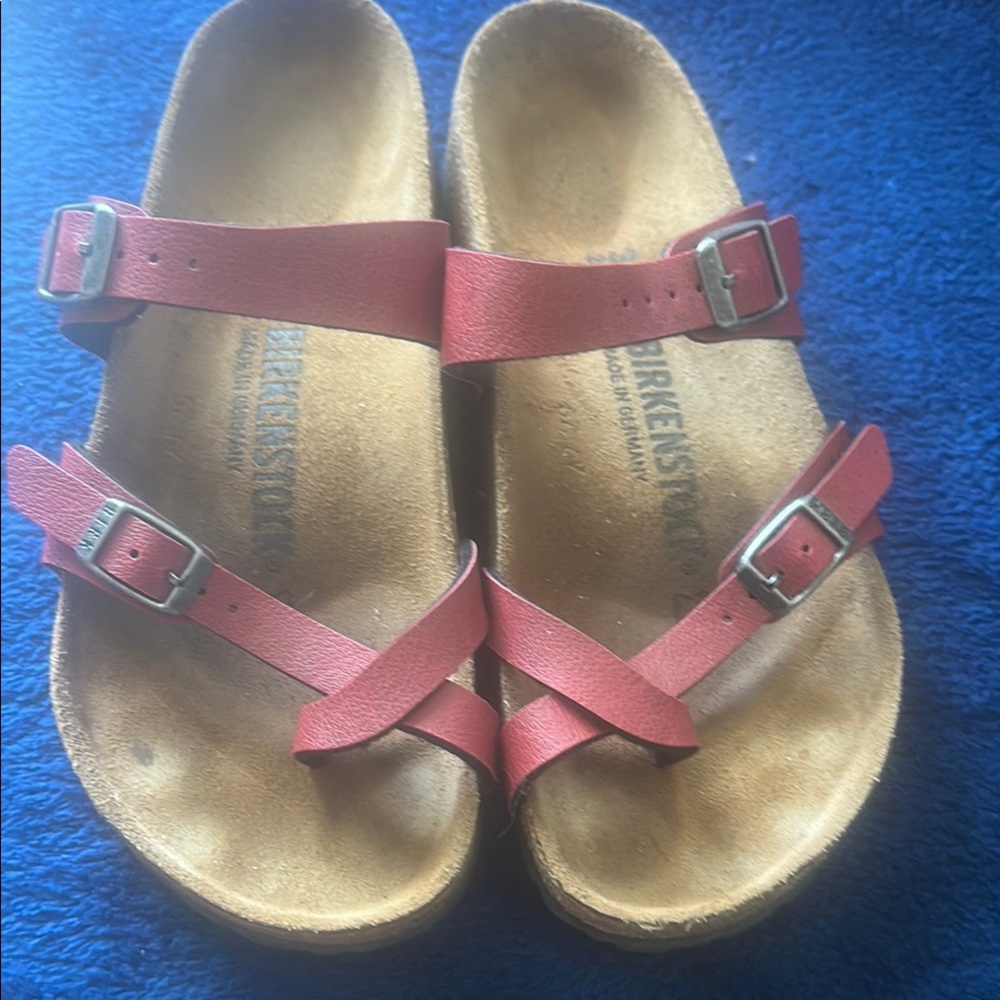 Birkenstock Red and Tan Sandals with Cork Sole and Bow Detail
